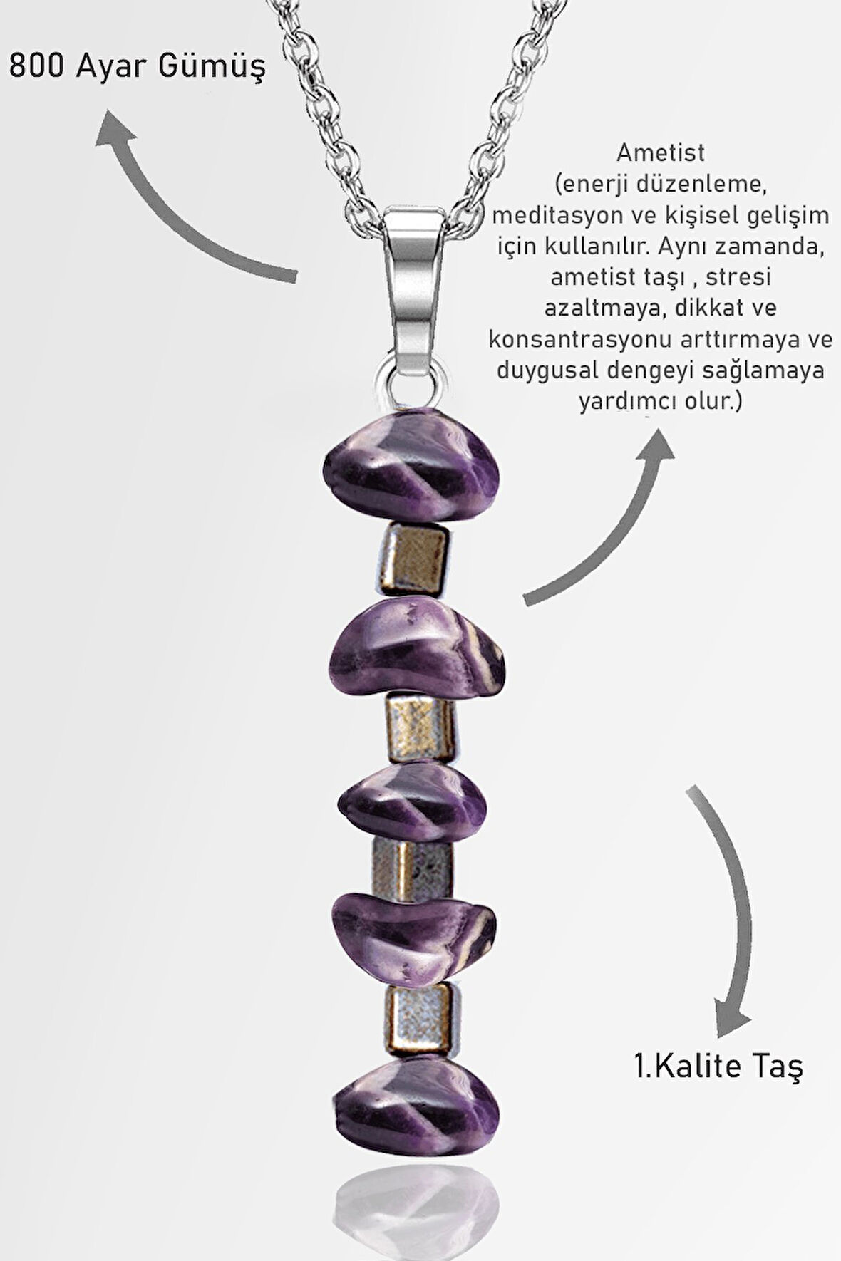 Sertifikalı AAA+ Kırık Taşlı Model Ametist Taşı Kolye