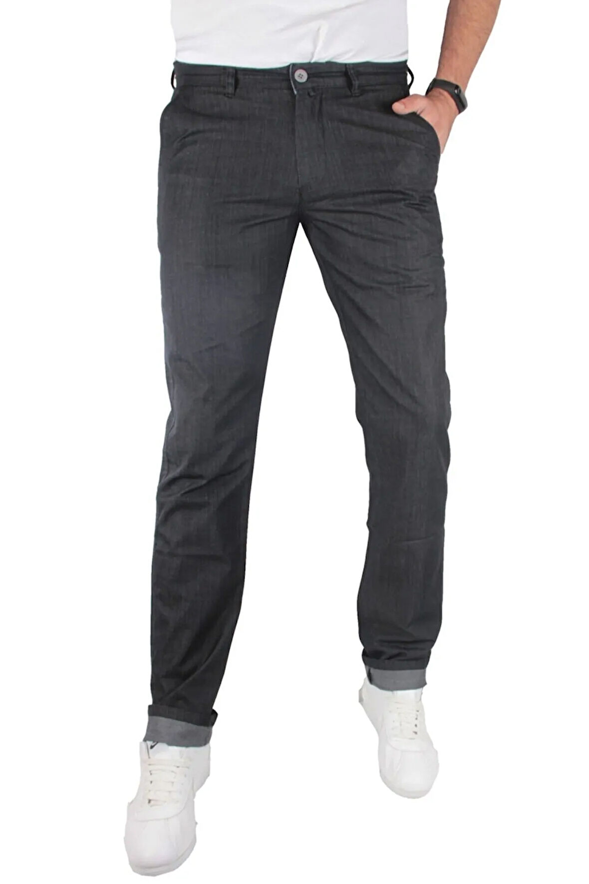 Erkek Koyu Mavi Yan Cepli Likrasız Klasik Ince Kot Pantolon