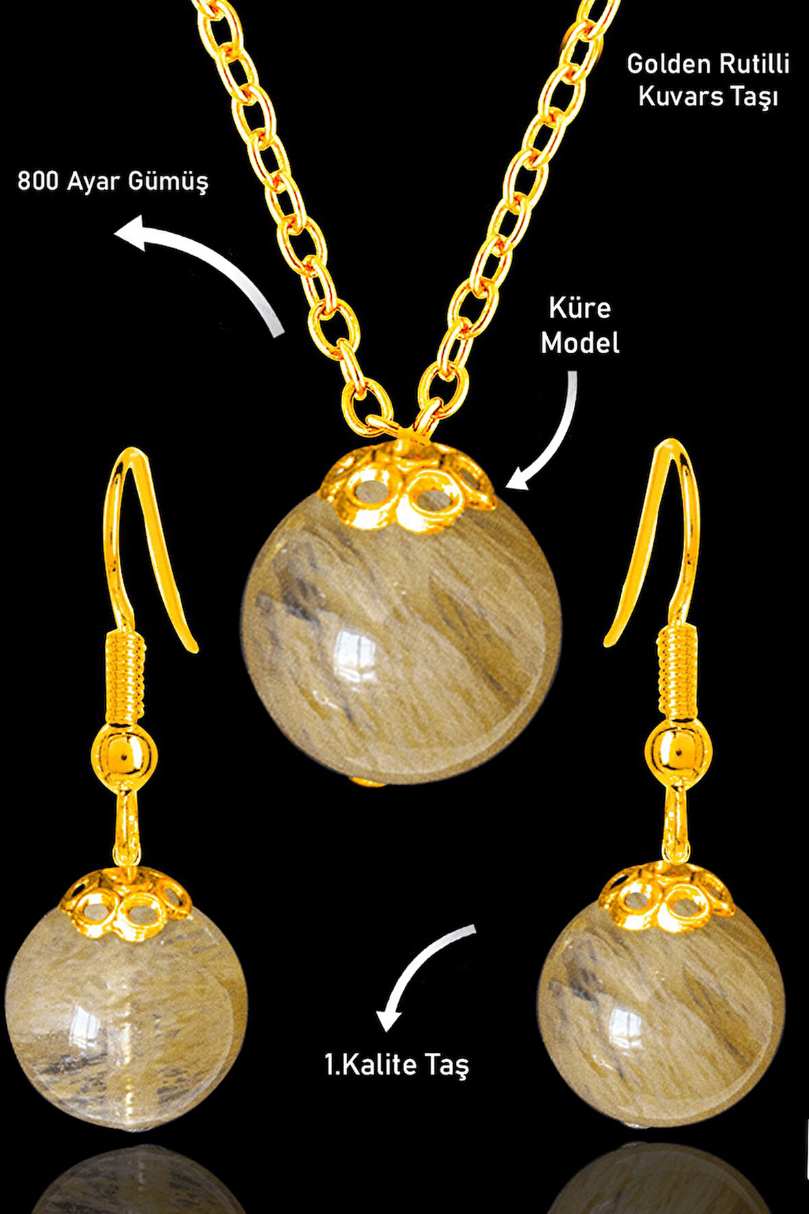 Sertifikalı Gold Küre Model Golden Rutilli Kuvars Taşı Kolye ve Küpe Seti - Gümüş Aparatlı