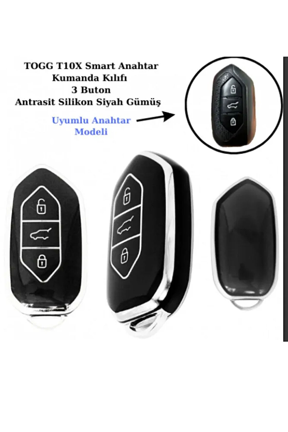 Togg T10x Uyumlu Anahtar Koruma kılıfı Siyah / Gümüş Detaylı Lütfen Anahtar Teyiti Yapınız