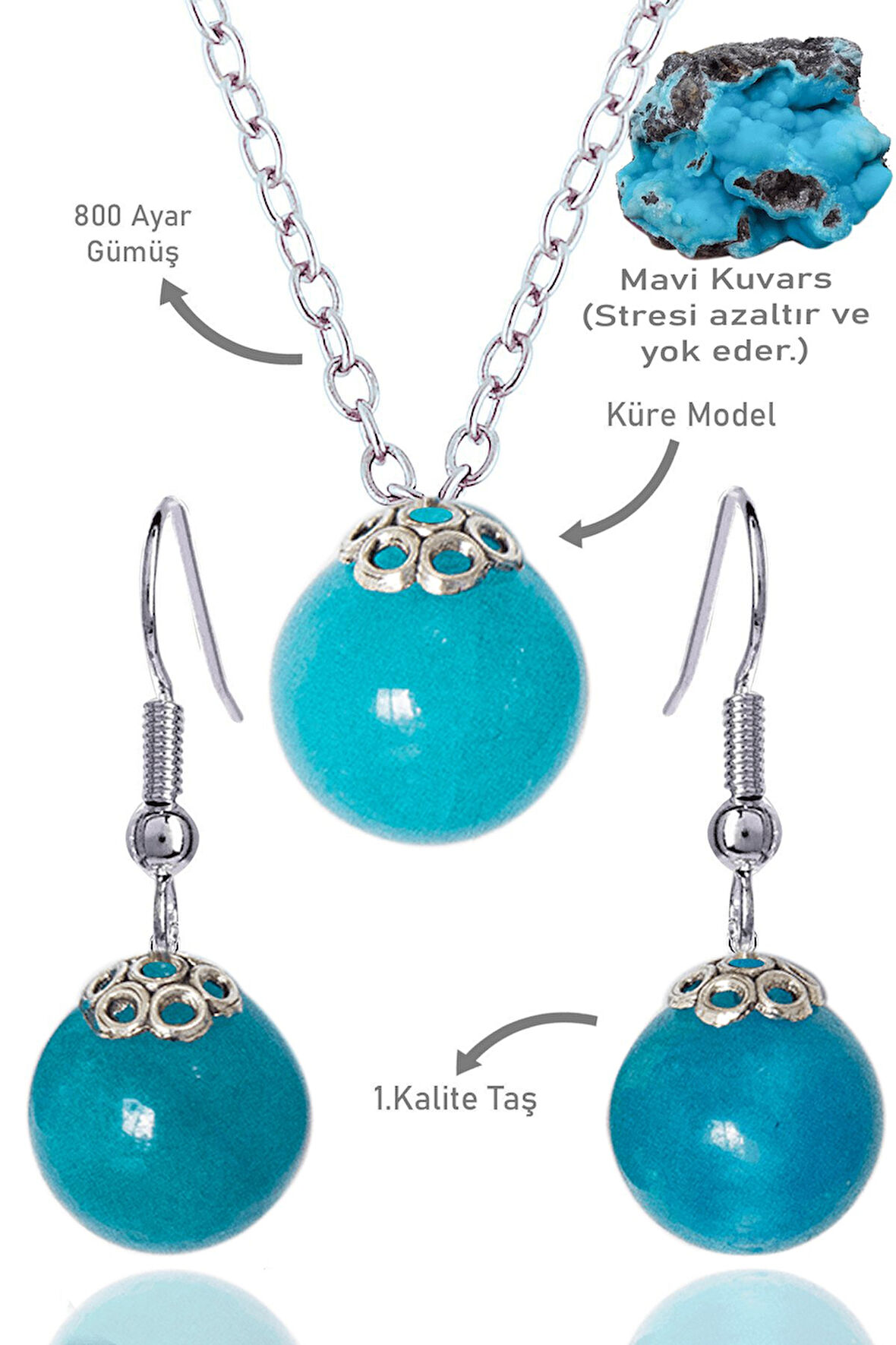 Sertifikalı Küre Model Mavi Kuvars Taşı Kolye ve Küpe Seti - Gümüş Aparatlı