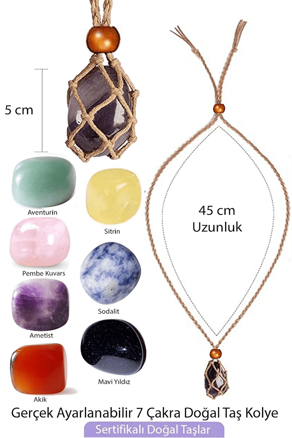 Sertifikalı Şifa Seti Makrome Örgülü 7 Çakra Doğal Taş Kolye Ayarlanabilir - Krem