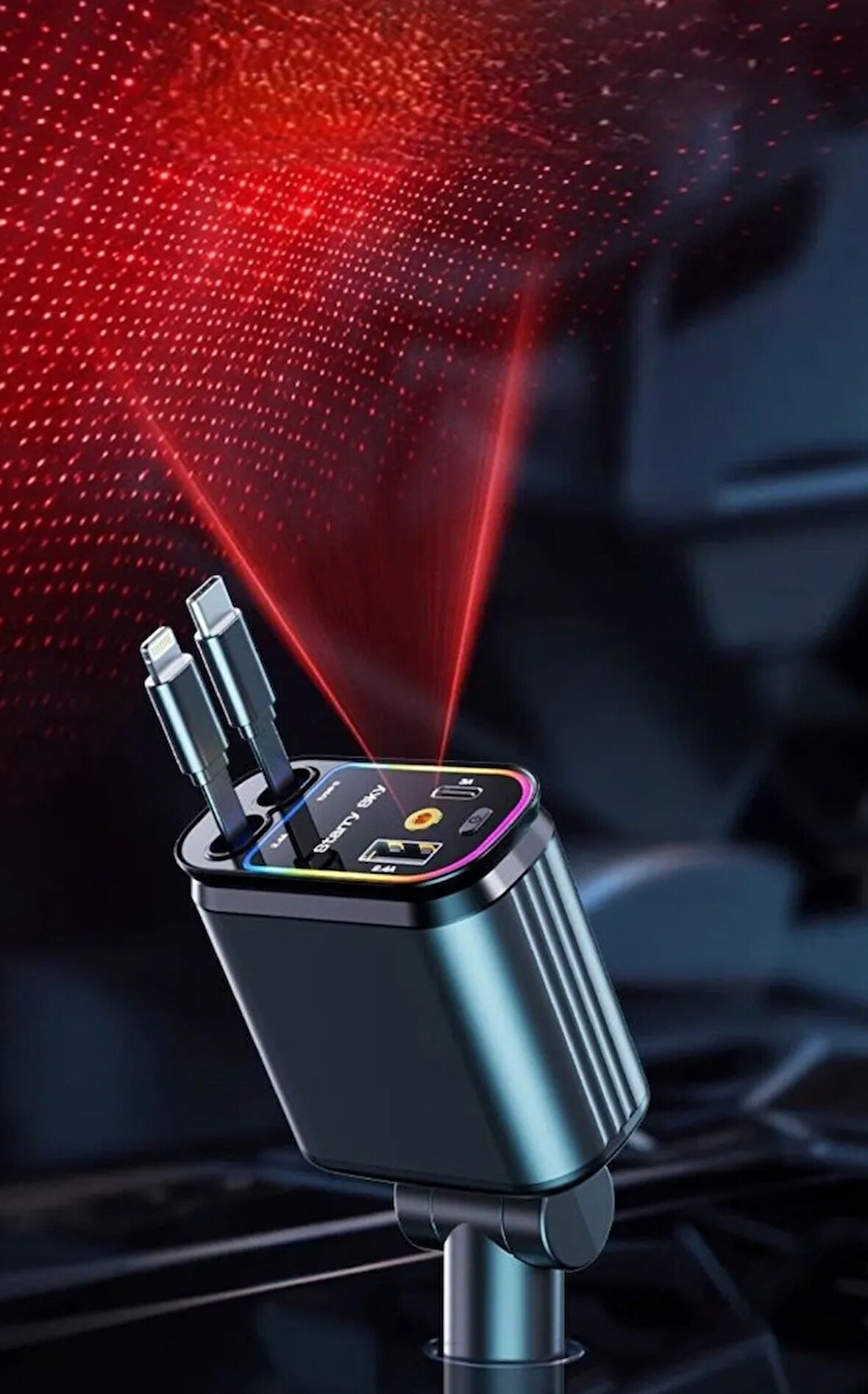 4in1 66W Makara Kablolu Starlight Işık Araç Çakmaklık Şarj Cihazı Hızlı Şarj Yıldız Efekt Şarj Aleti