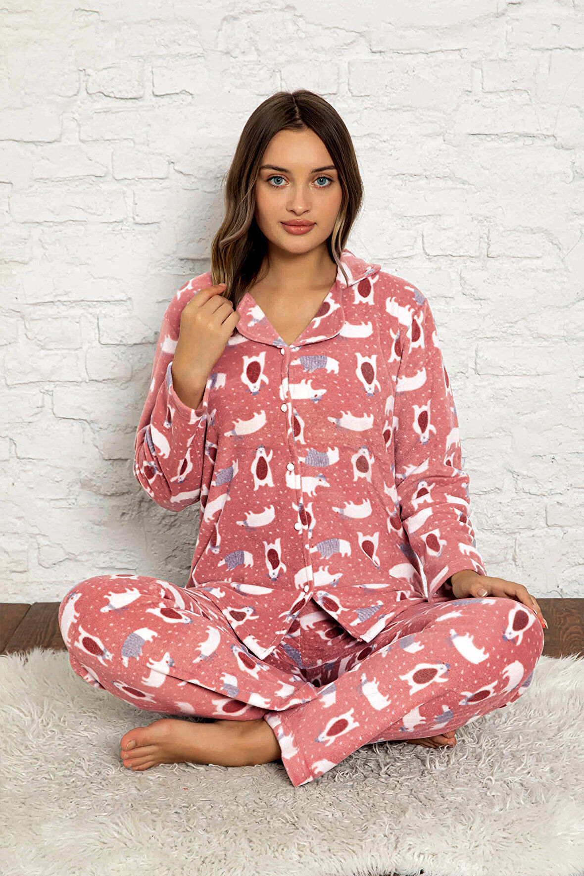 Nisanca Kadın Kışlık Welsoft Peluş Polar  Düğmeli Pijama Takımı