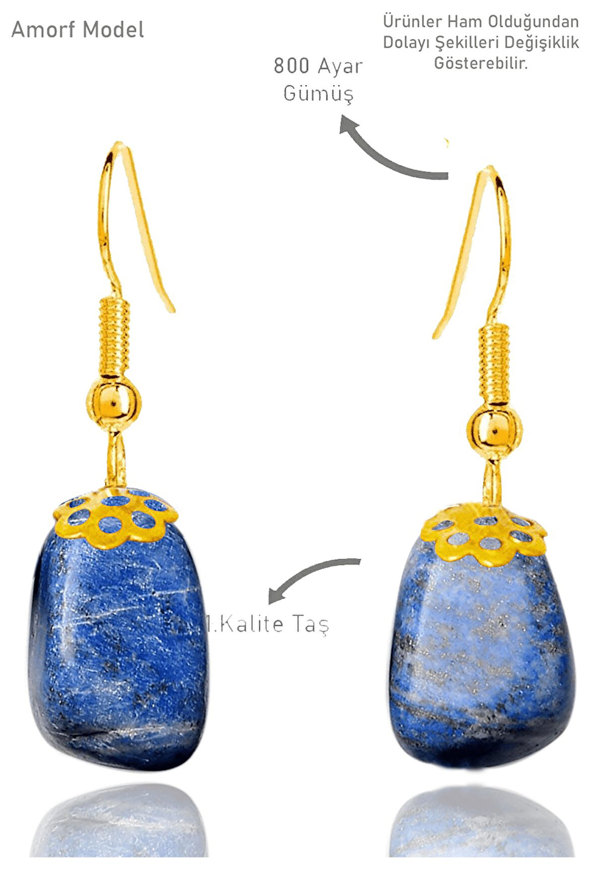 Sertifikalı Amorf Model Ham Sodalit Taşı Küpe - Gold Renkli