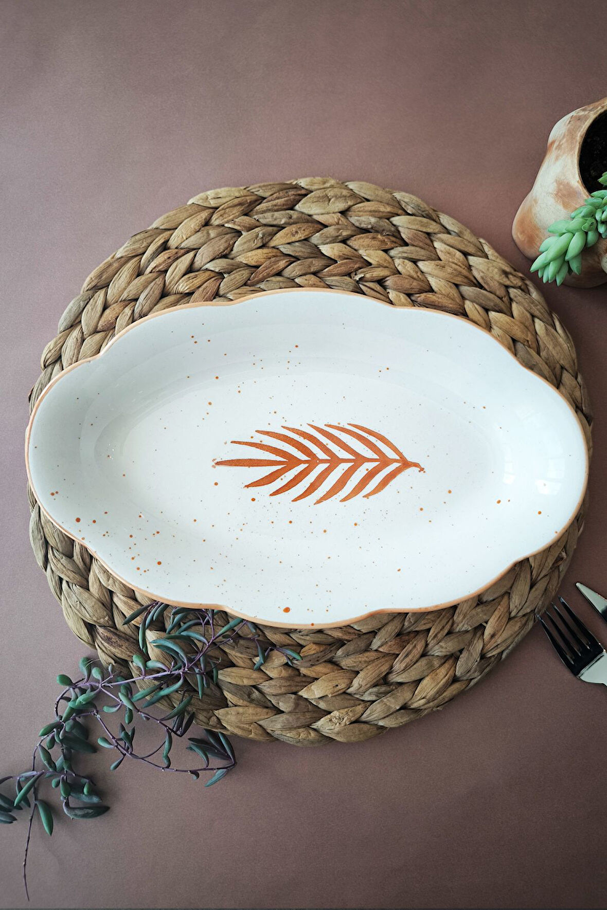 Başak Desenli 30 cm El Yapımı Kayık Tabak | Servis, Salata, Meyve Sunumları İçin – Şık ve Doğal Tasarım