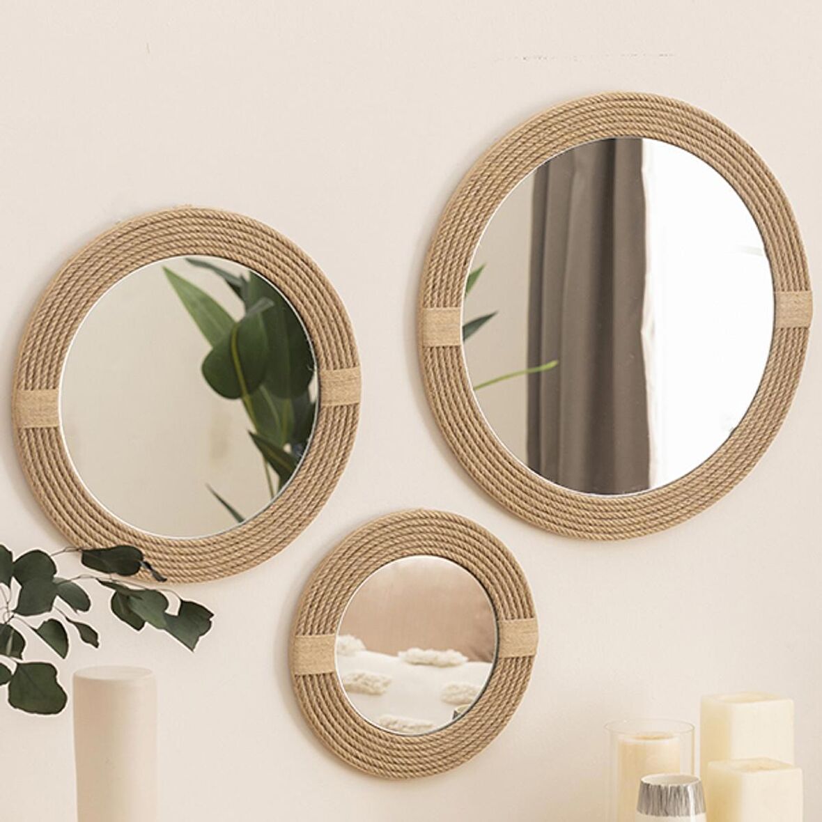 Dfn Wood Jut Halatlı 3'Lü Yuvarlak Dekoratif Duvar Salon Banyo Aynası 50,40,30 Cm