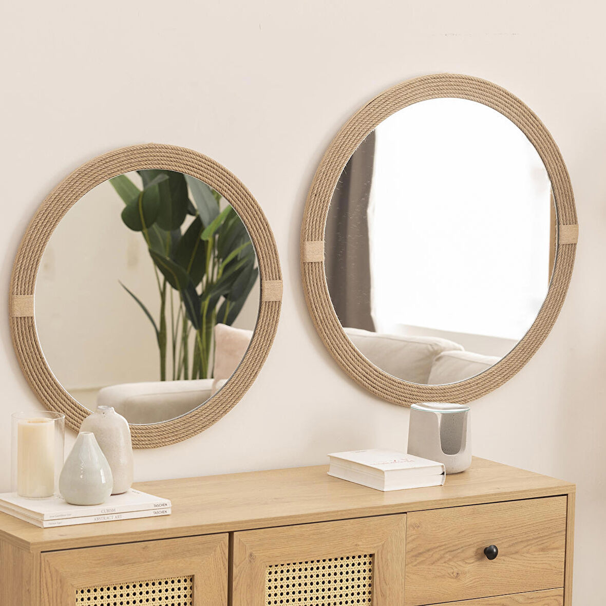 Dfn Wood Jut Halatlı 2'Li Yuvarlak Dekoratif Duvar Salon Banyo Aynası 70,60 Cm