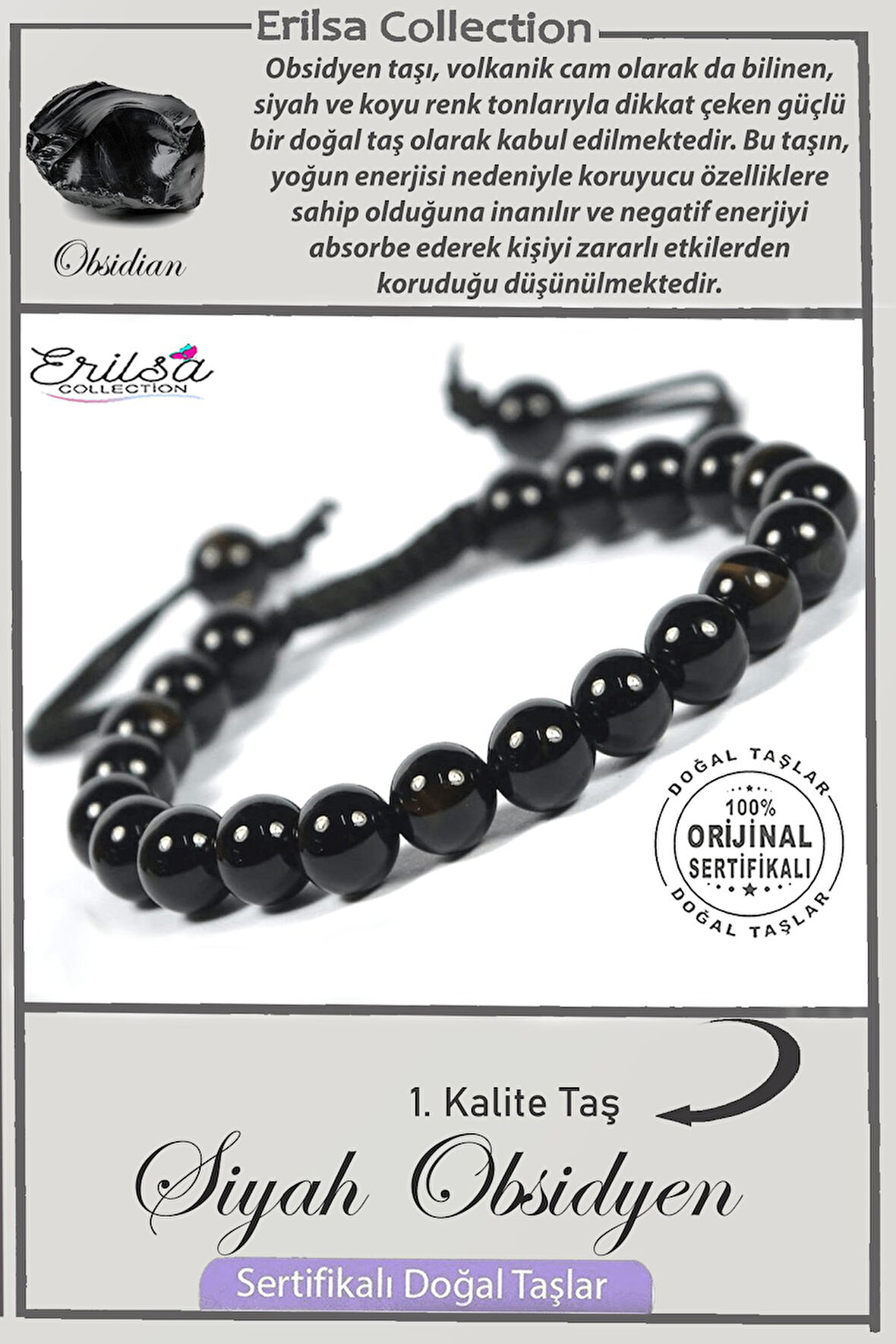 Sertifikalı AAA+ Kalite Gerçek Siyah Obsidyen Taşı Bileklik