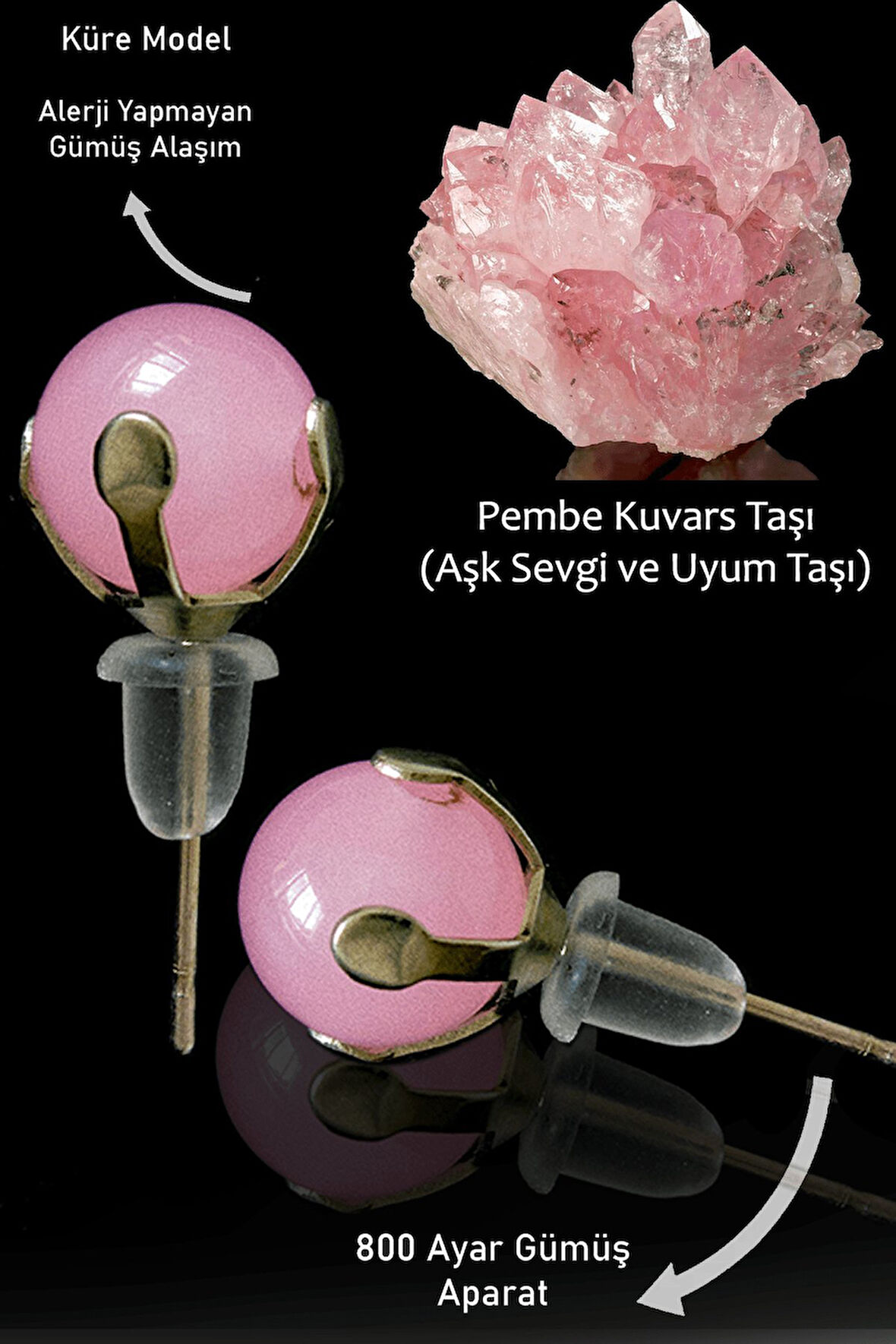 Sertifikalı Gerçek Pembe Kuvars Taşı Nokta Doğal Taş Küpe