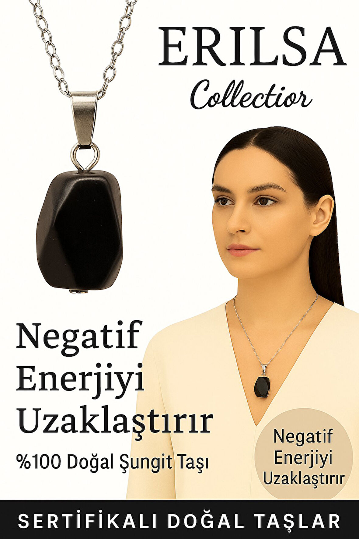 Sertifikalı Fasetli Şungit Doğal Taş Kolye – Negatif Enerji Koruma Denge ve Sağlık Taşı