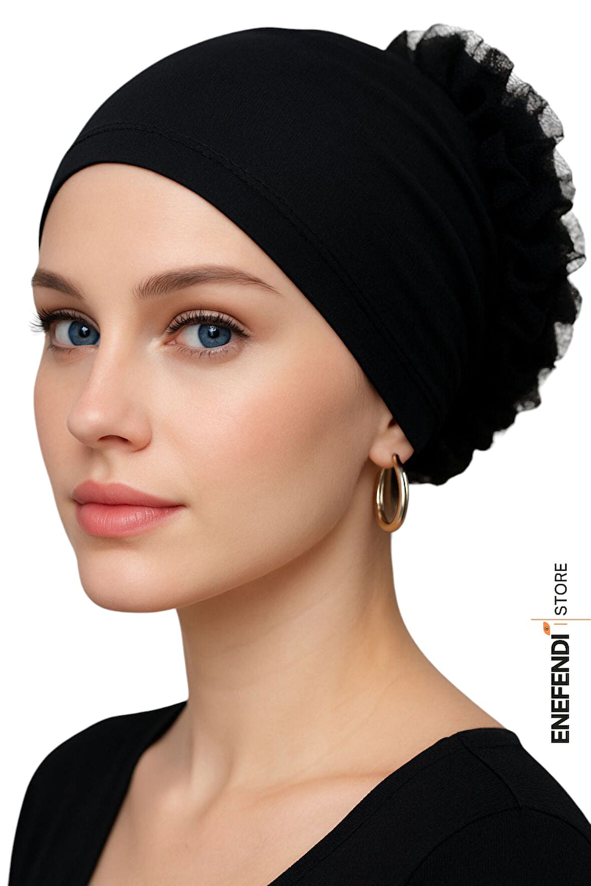 Fırfırlı Bone , Hijab , Bone , Topuz , Siyah Penye Bone