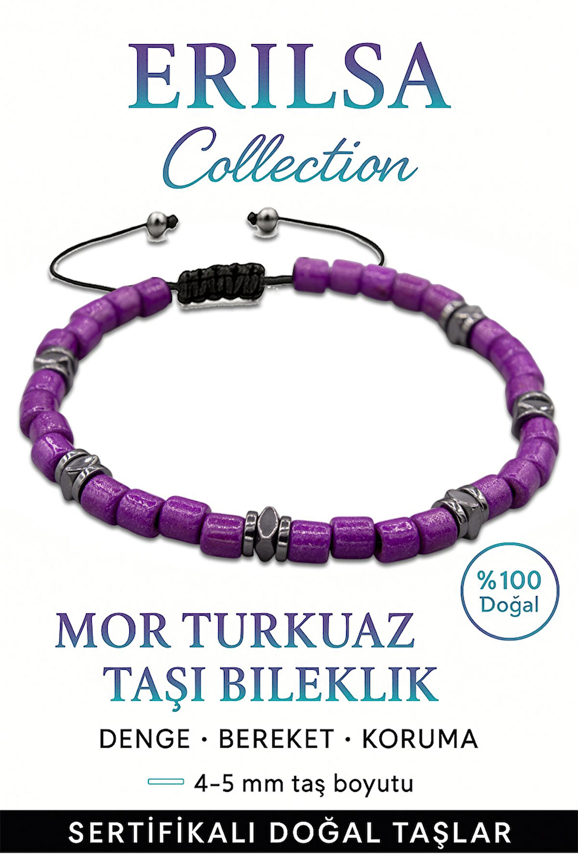 Sertifikalı Terahertz – Mor Turkuaz Taşı Bileklik (İnce Model) – Ruhsal Koruma, Enerji ve Sezgi Taşı