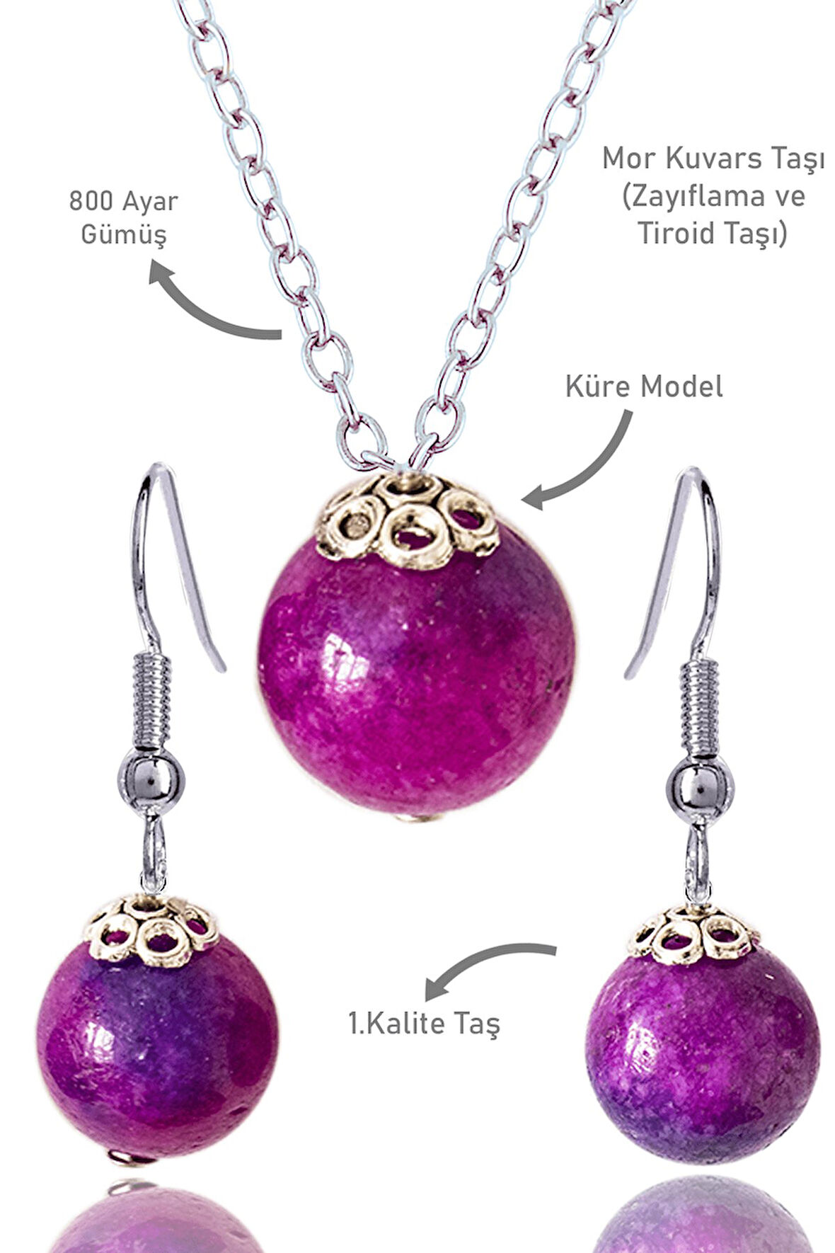 Sertifikalı Küre Model Mor Kuvars Taşı Kolye ve Küpe Seti - Gümüş Aparatlı