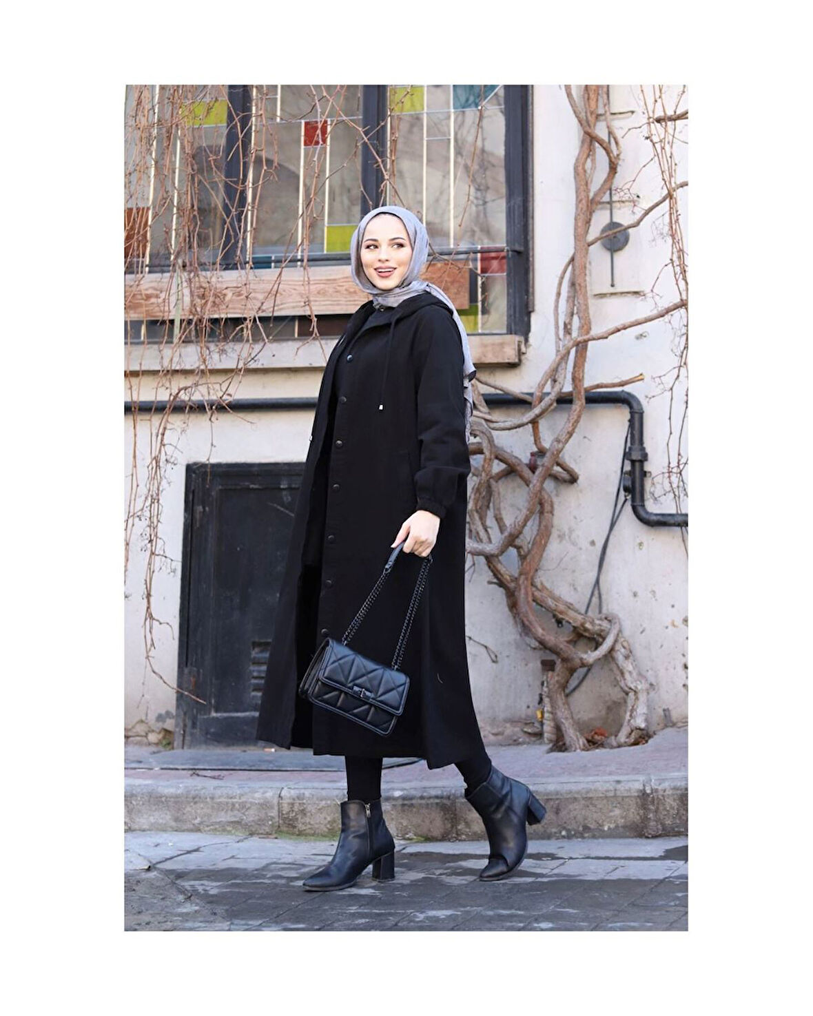 Denim Kapşonlu Kap- Denim Pardesü Siyah-1388