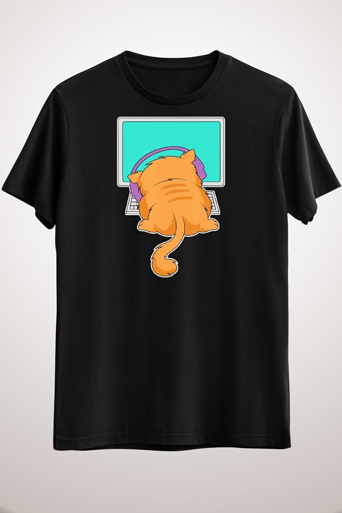 Erkek Siyah House Cat Owner Gamer Headphone Screen Player Kitten