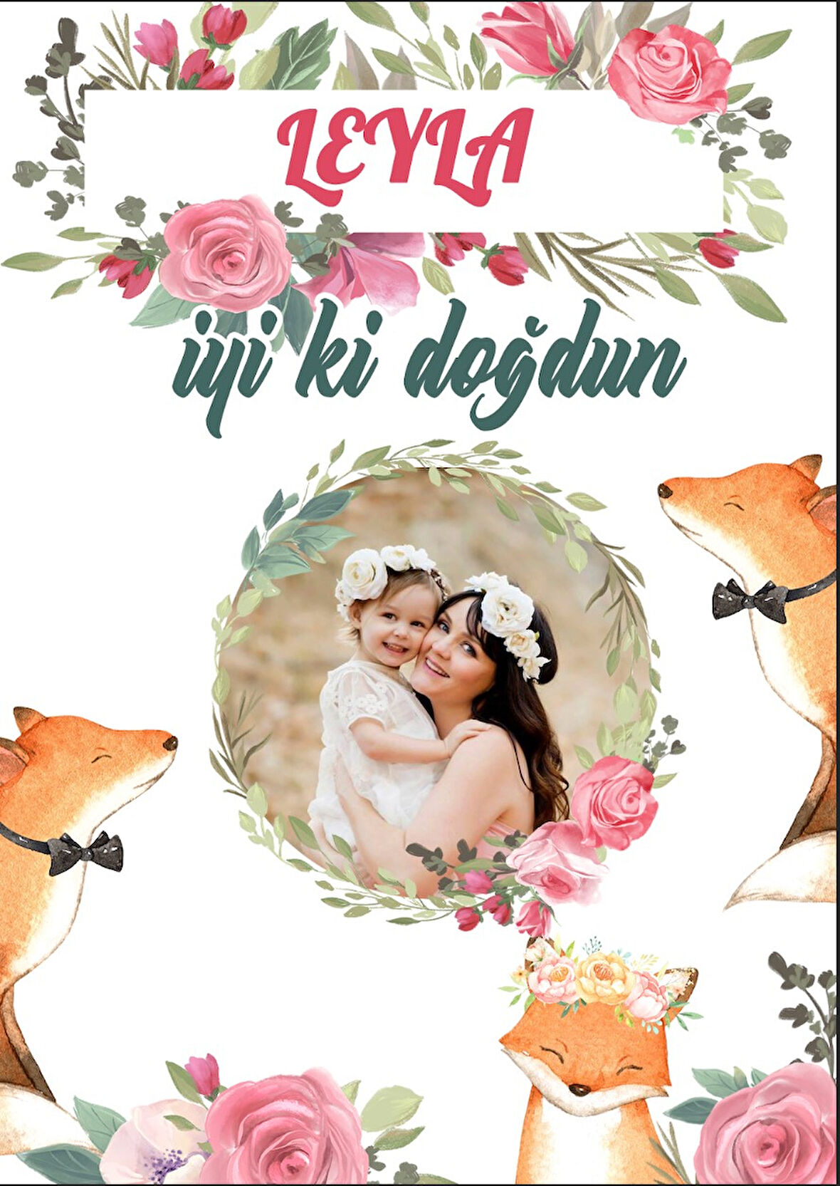 Çiçekler ve Tilki Temalı Doğum Günü Afişi - 70x100 Cm