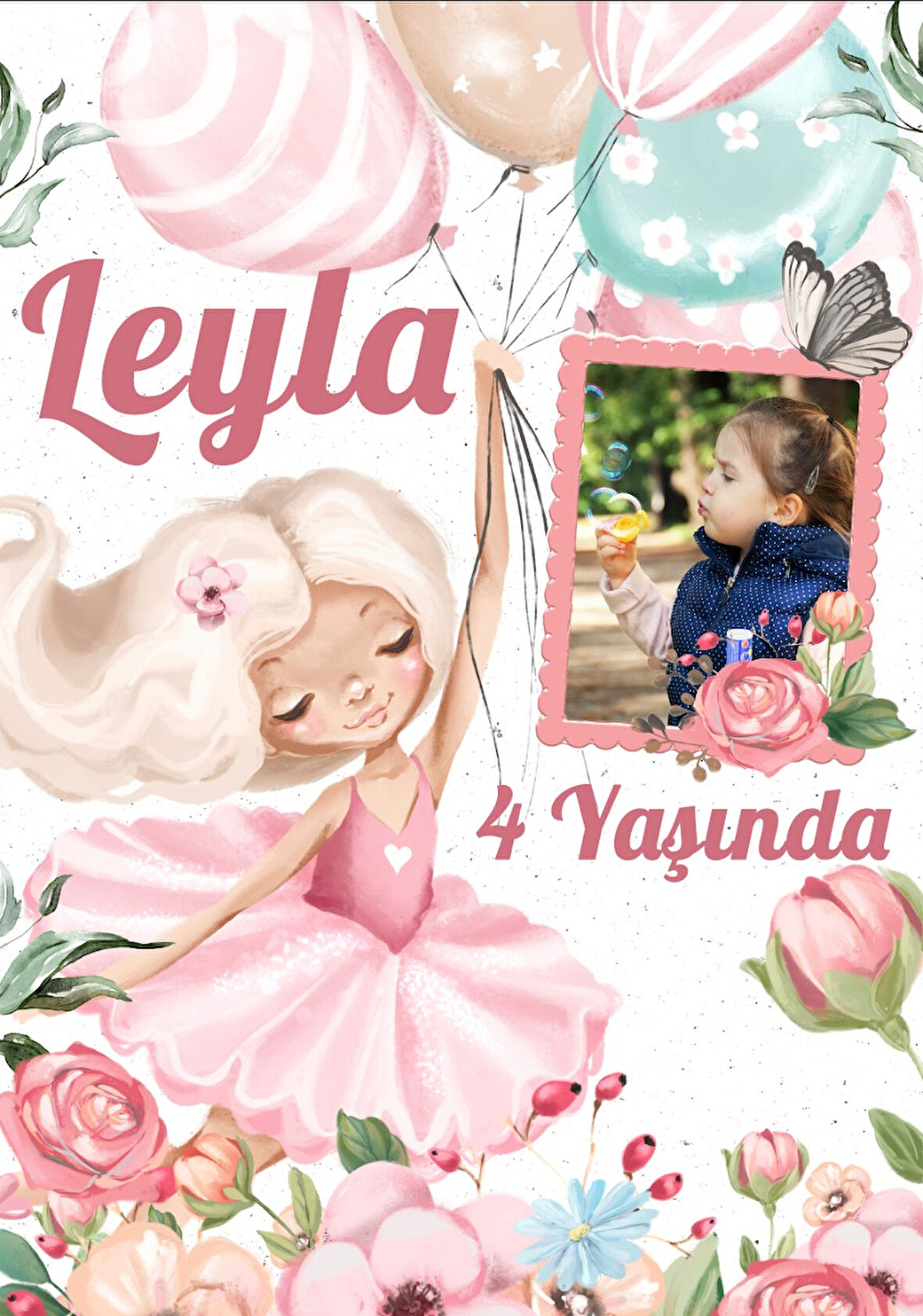 Balerin ve Balonlar Temalı Doğum Günü Afişi - 70x100 Cm