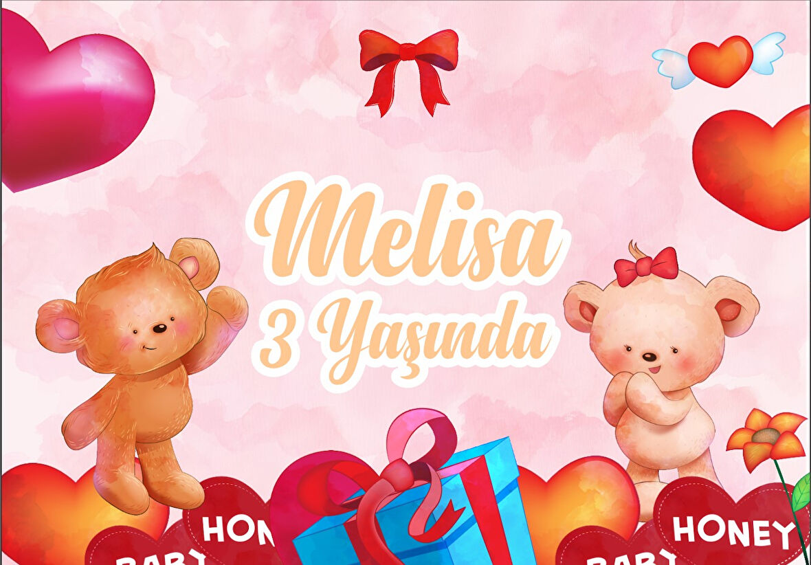 Kalpli Sevimli Ayıcıklar Temalı Doğum Günü Afişi - 50x70 Cm