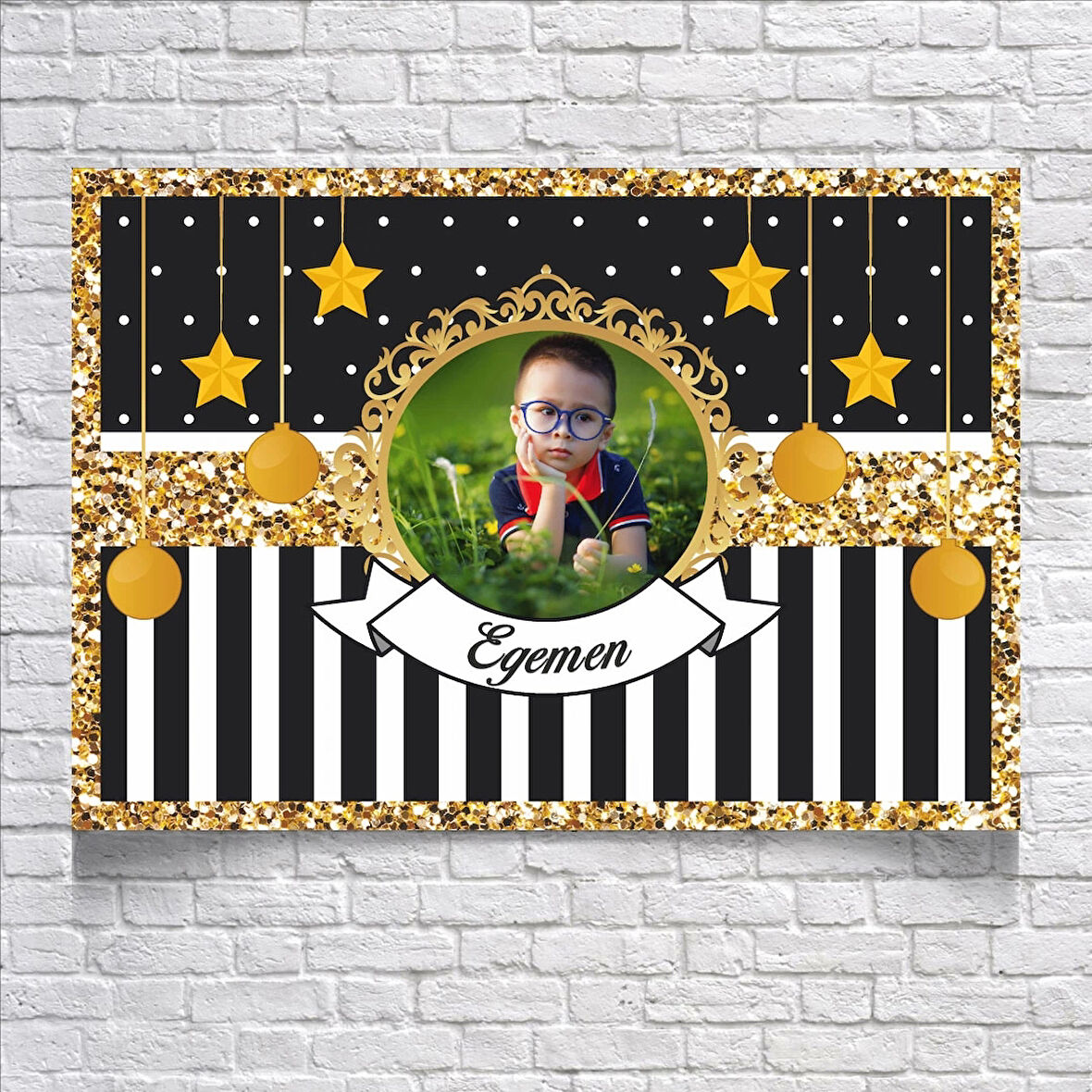 Siyah Beyaz Çizgili Gold Çerçeveli Doğum Günü Afişi 35X50 cm