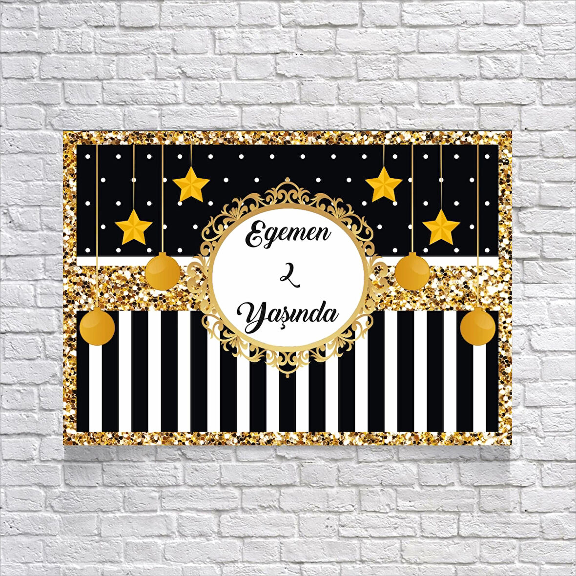 Siyah Beyaz Çizgili Gold Çerçeveli Doğum Günü Afişi 35X50 cm