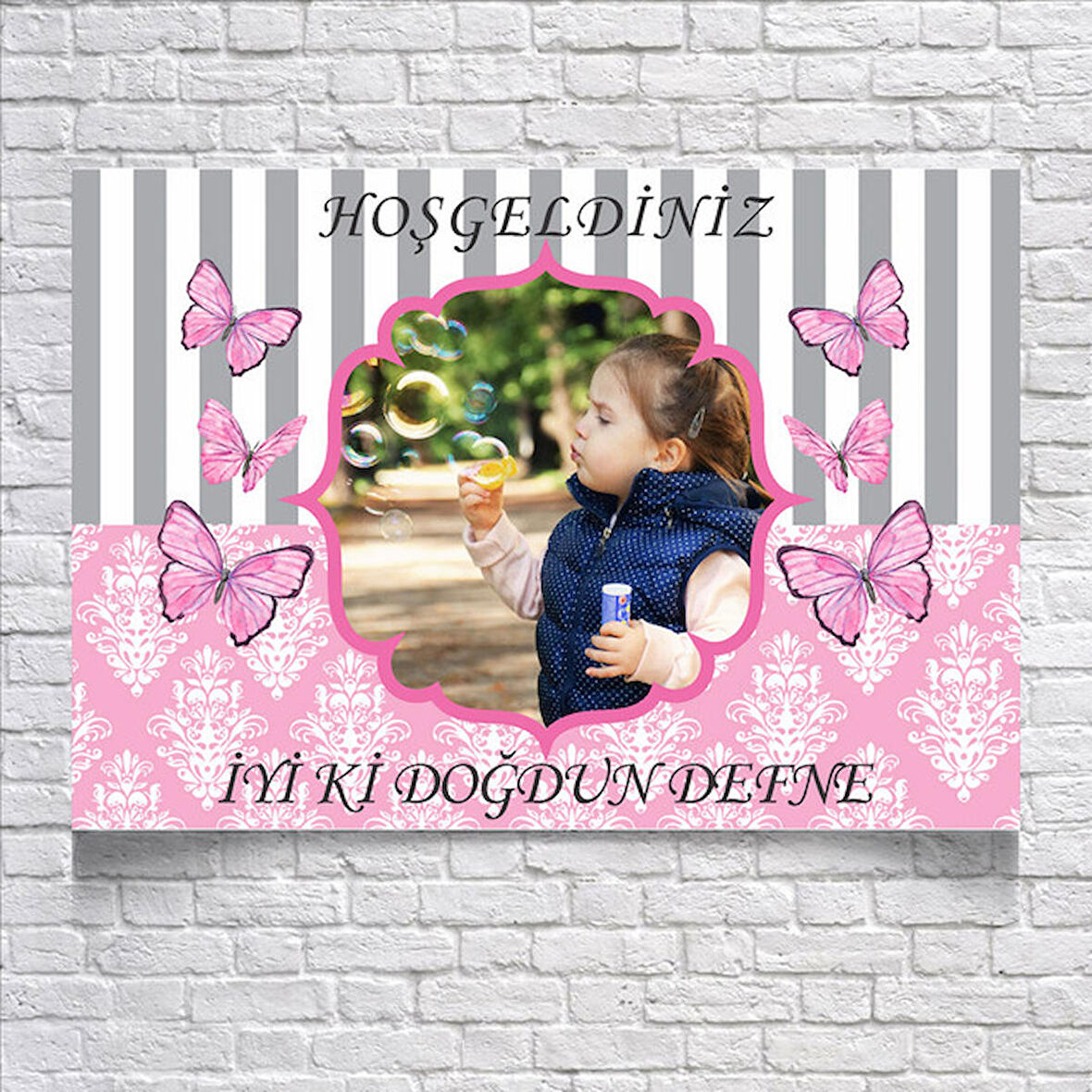Pembe Kelebek Temalı Doğum Günü Afişi resimli 70 x 100