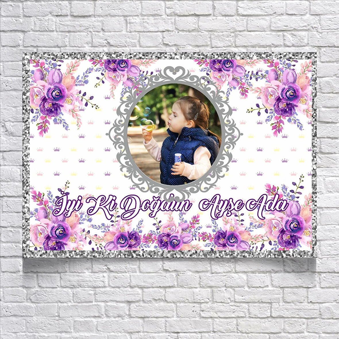 Mor Çiçek Temalı Doğum Günü Afişi 100X150 cm