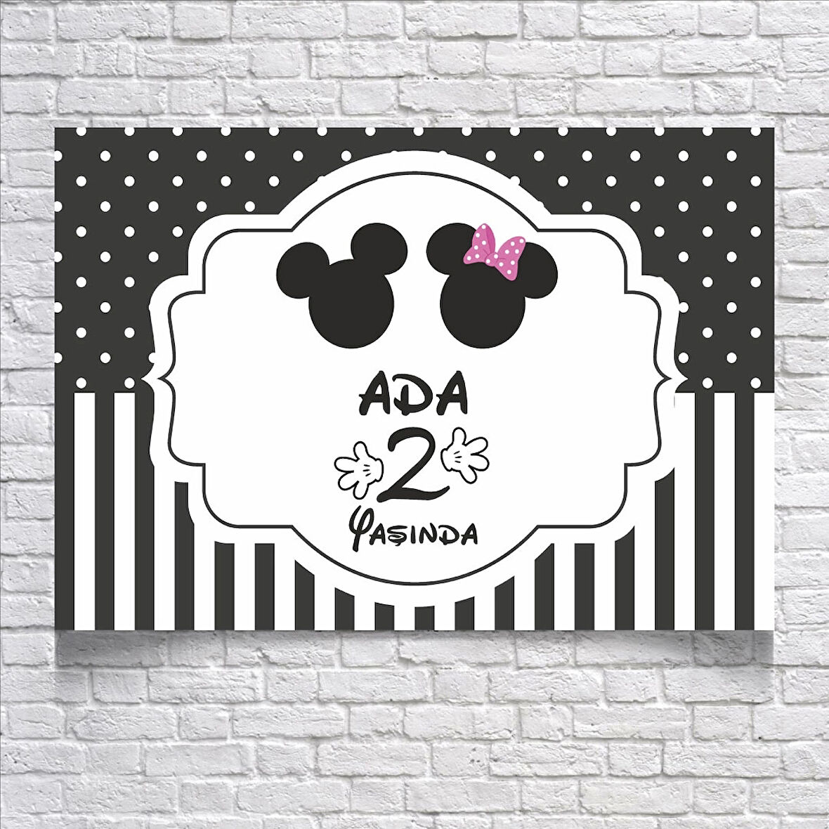 Mickeyli Siyah Çizgili Doğum Günü Afişi 100X150 cm