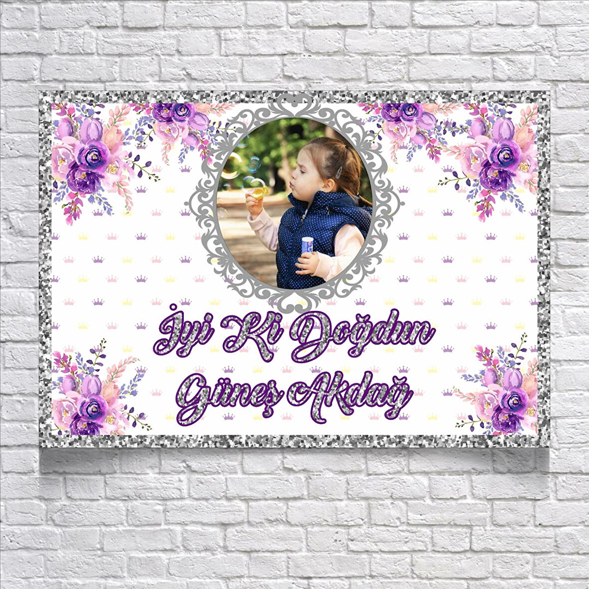 Mor Çiçekli Doğum Günü Afişi 100X150 cm