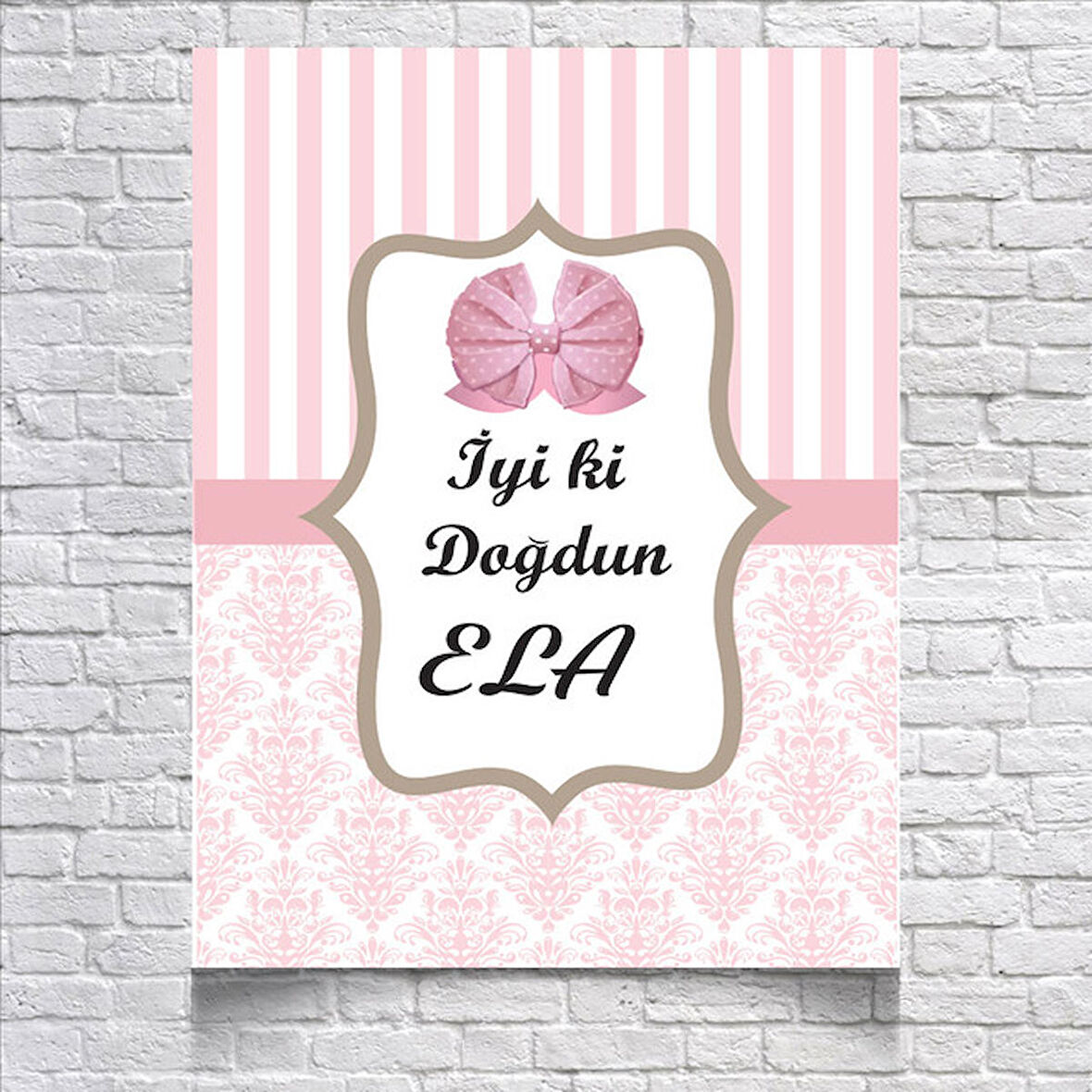 Pembe Çizğili Damask Desenli Doğum Günü Afişi 50 x 70