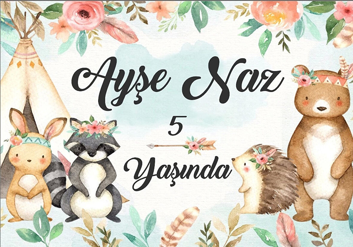 Sevimli Hayvanlar ve Çicekler Temalı Doğum Günü Afişi 70X100 cm