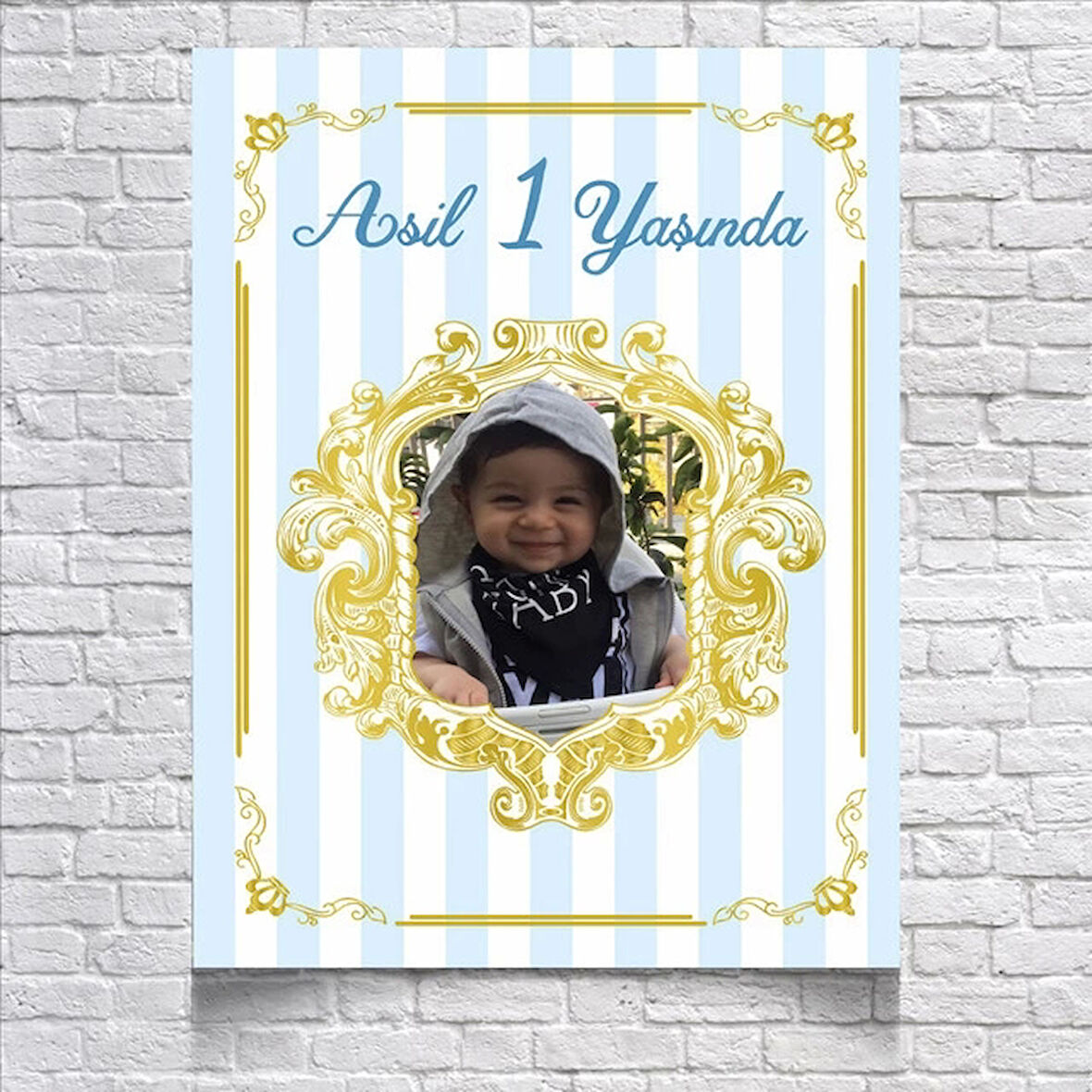 Mavi Çizgili Doğum Günü Afişi Resimli 35x50 Cm
