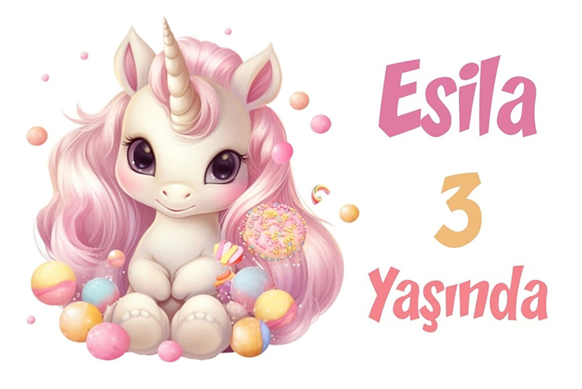 Pembe Unicorn Temalı Doğum Günü Afişi -7 35X50 cm
