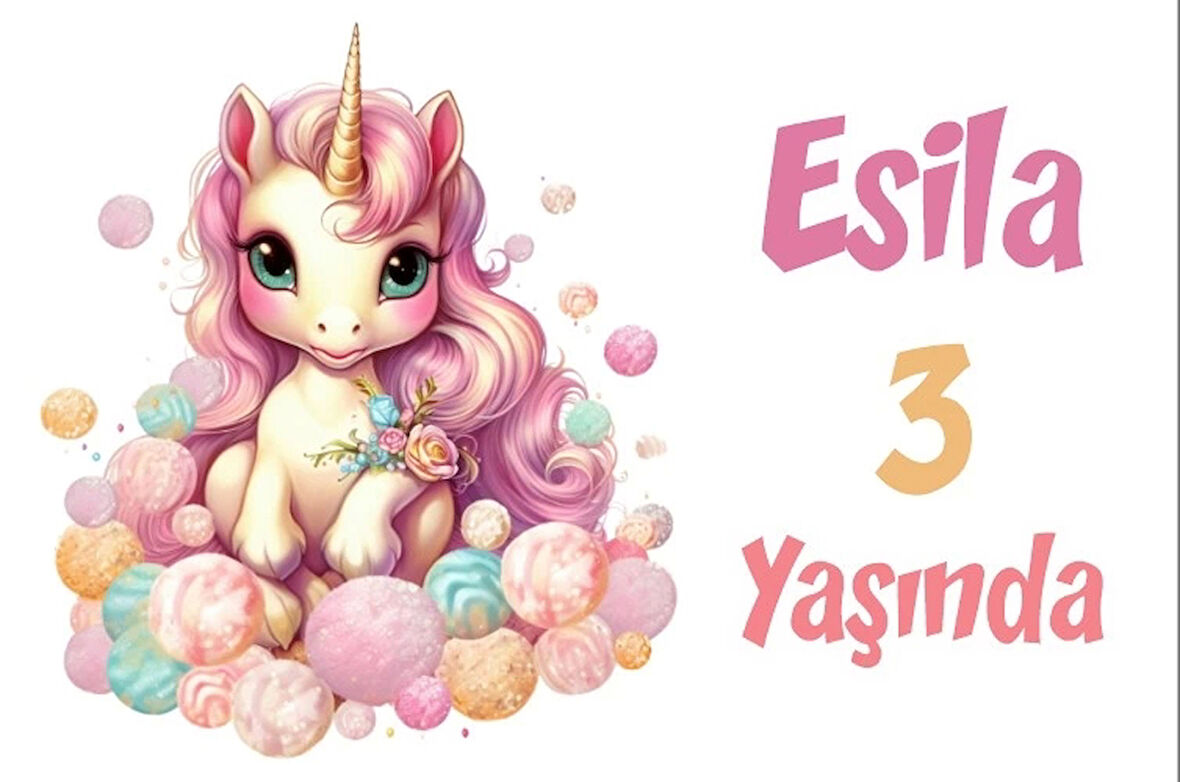 Pembe Unicorn Temalı Doğum Günü Afişi -8 50X70 cm