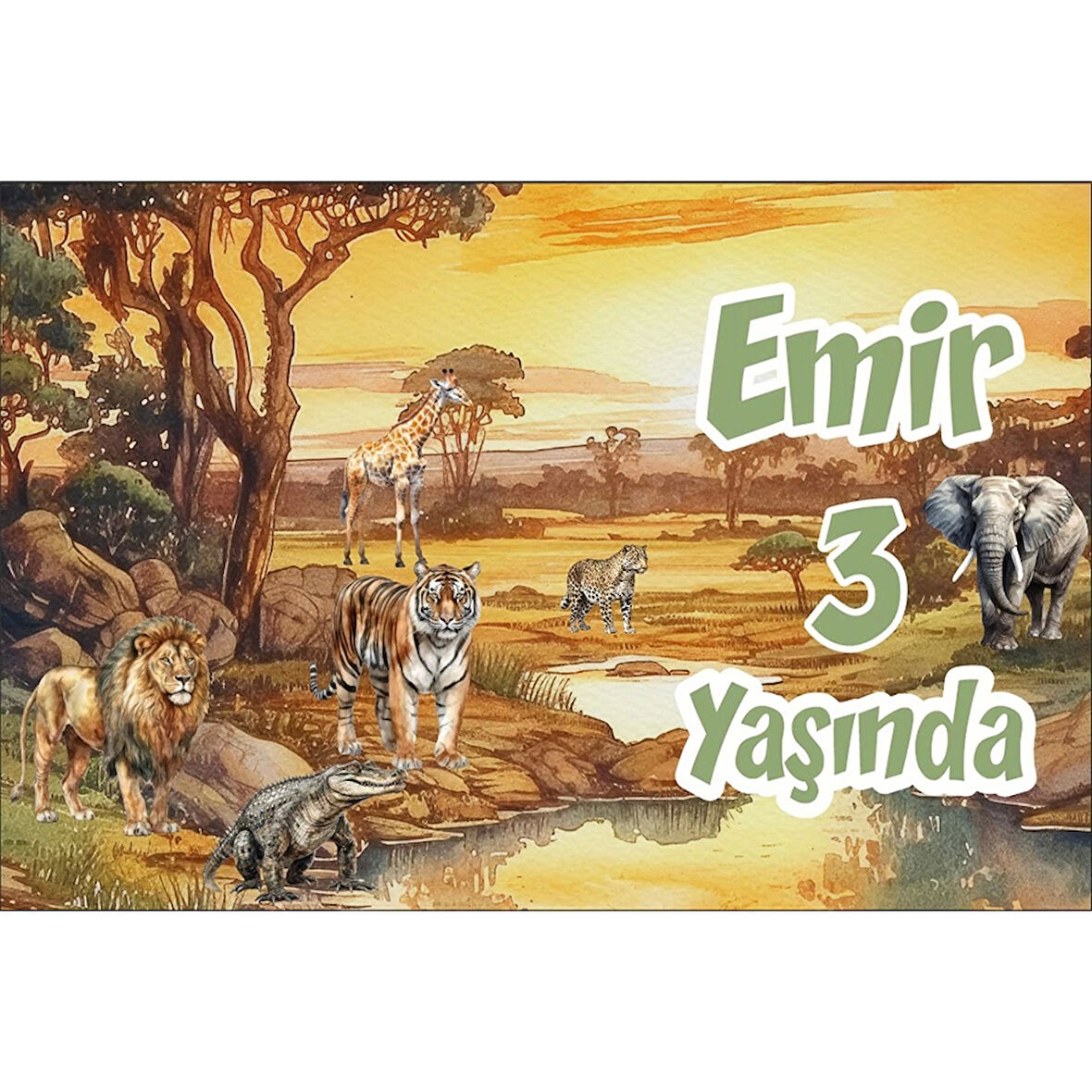 Safari Aslan ve Fil Temalı Doğum Günü Afişi 35X50 cm