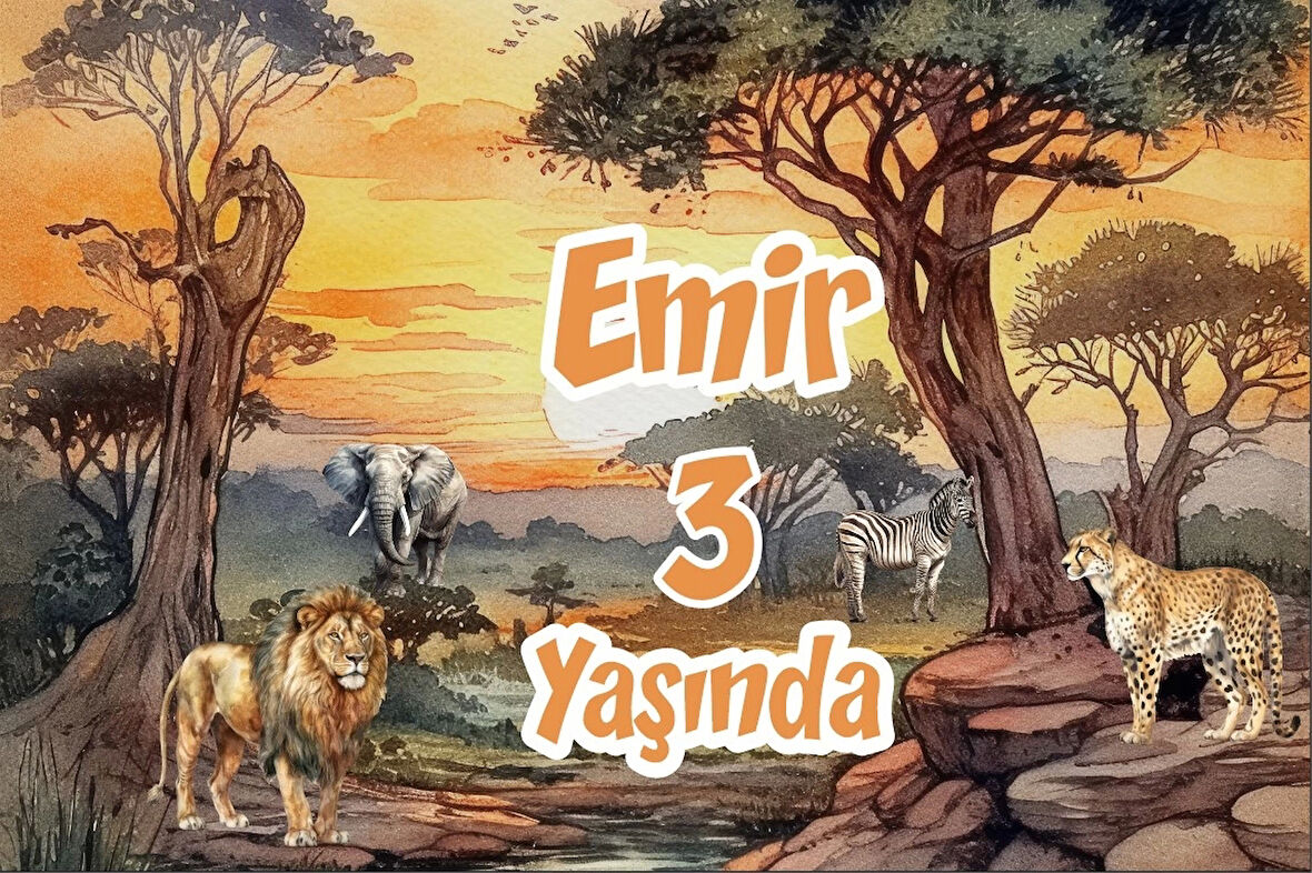 Safari Gün Batımı ve Hayvanlar Temalı Doğum Günü Afişi -1 100X150 cm