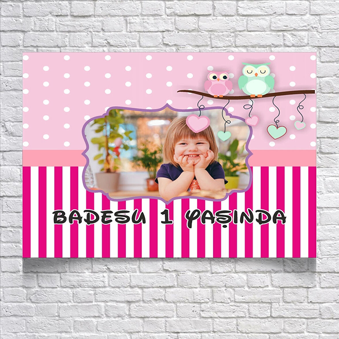 Pembe Çizgili Baykuşlu Doğum Günü Afişi 35X50 cm