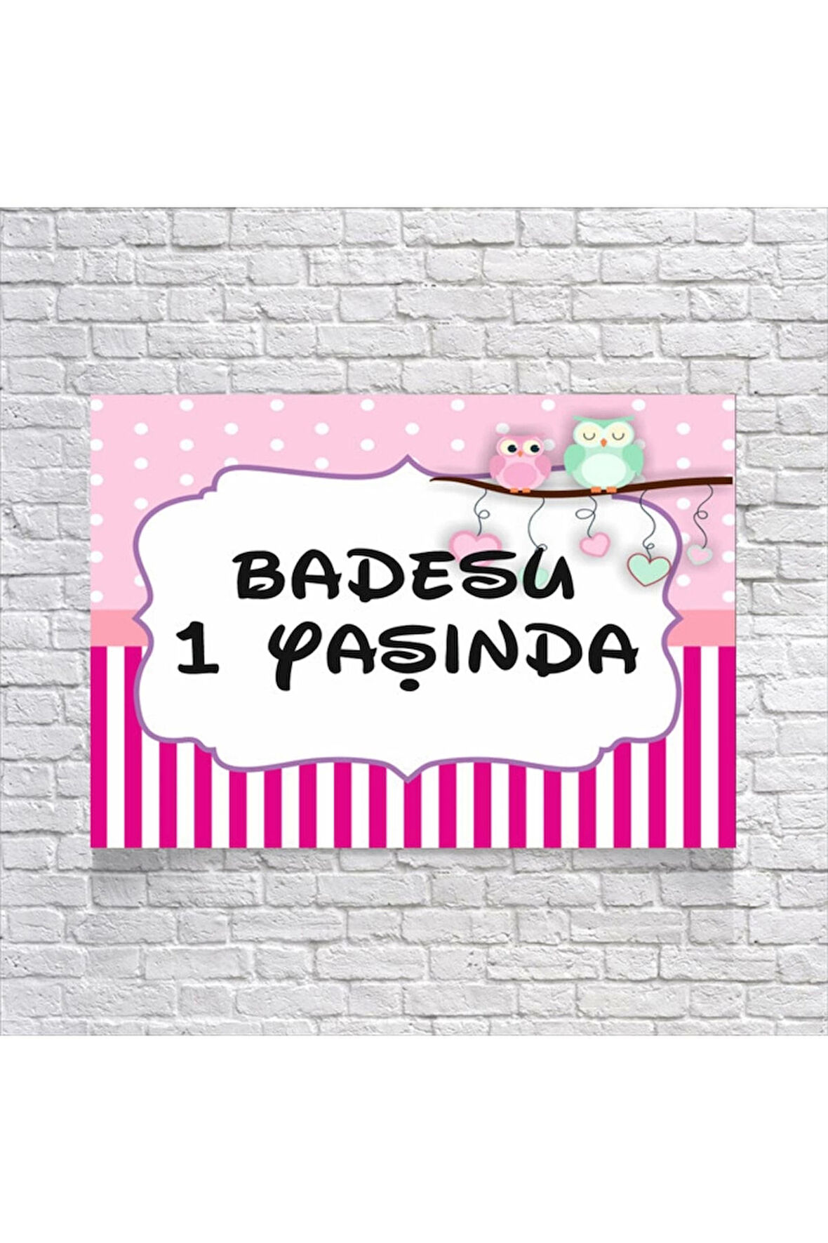 Pembe Çizgili Baykuşlu Doğum Günü Afişi 35X50 cm