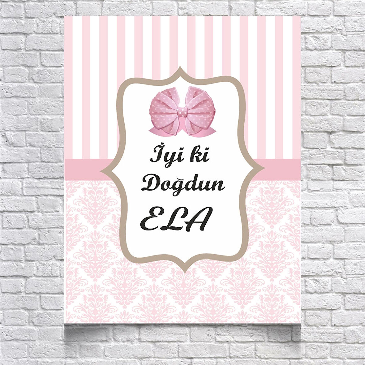 Pembe Çizgili ve Damask Desenli Doğum Günü Afişi 50X70 cm