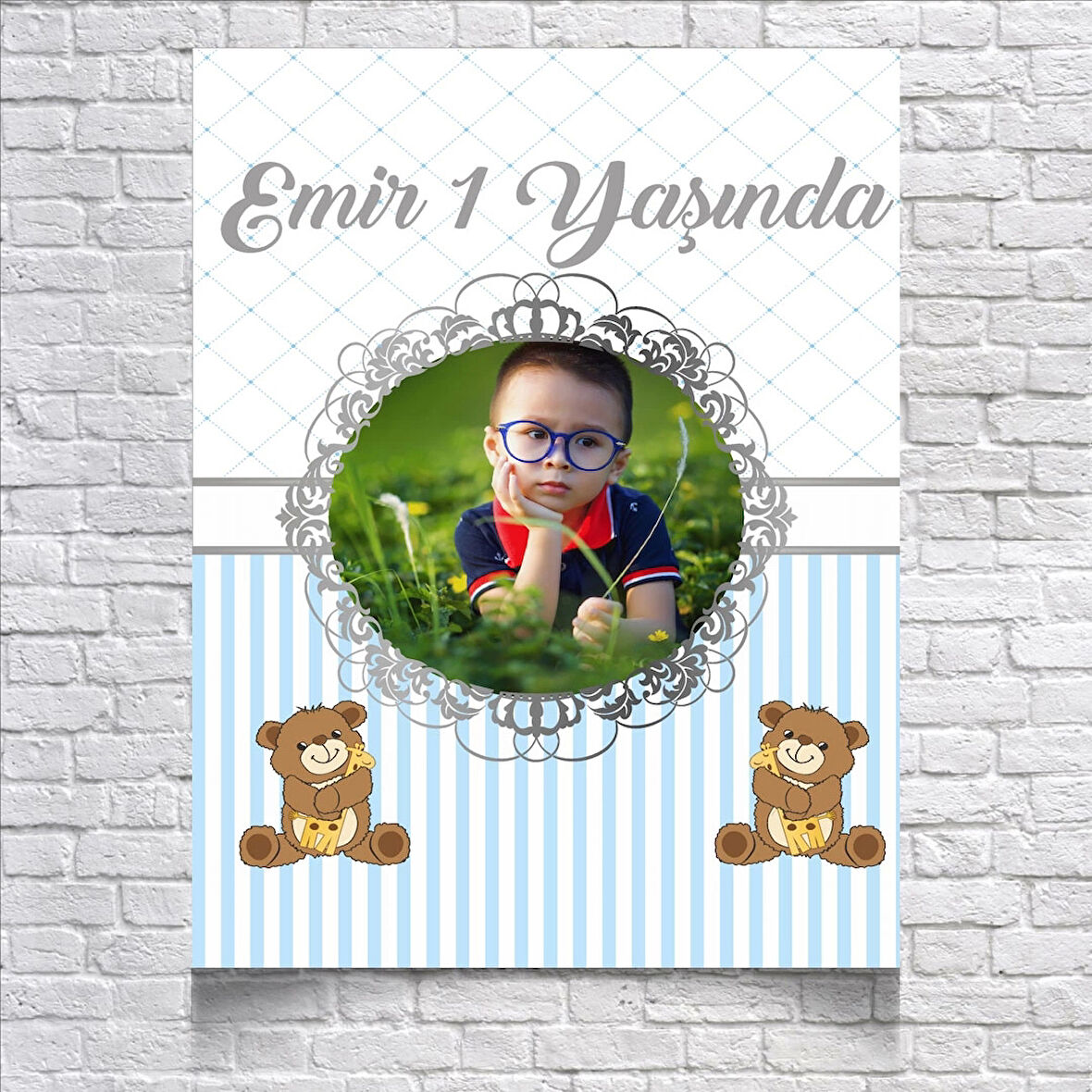 Mavi Çizgili Sevimli Ayıcıklı Doğum Günü Afişi 100X150 cm