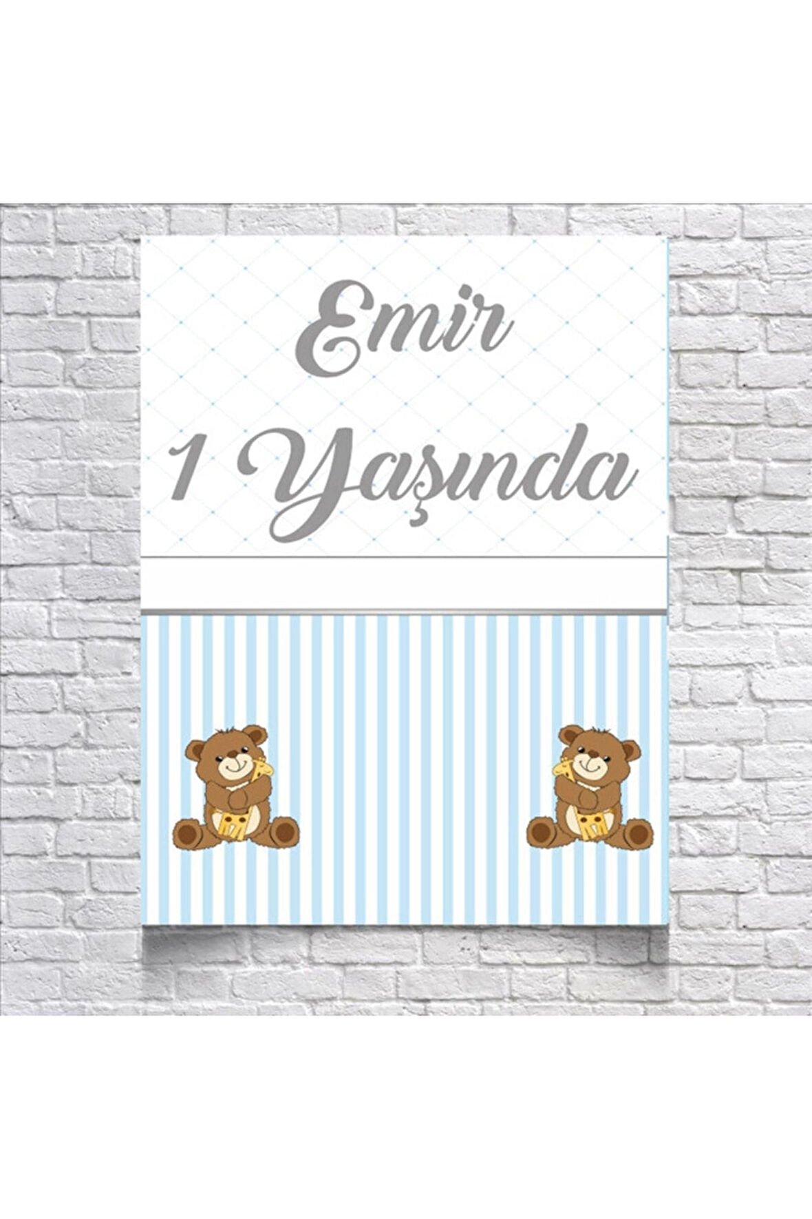 Mavi Çizgili Sevimli Ayıcıklı Doğum Günü Afişi 100X150 cm