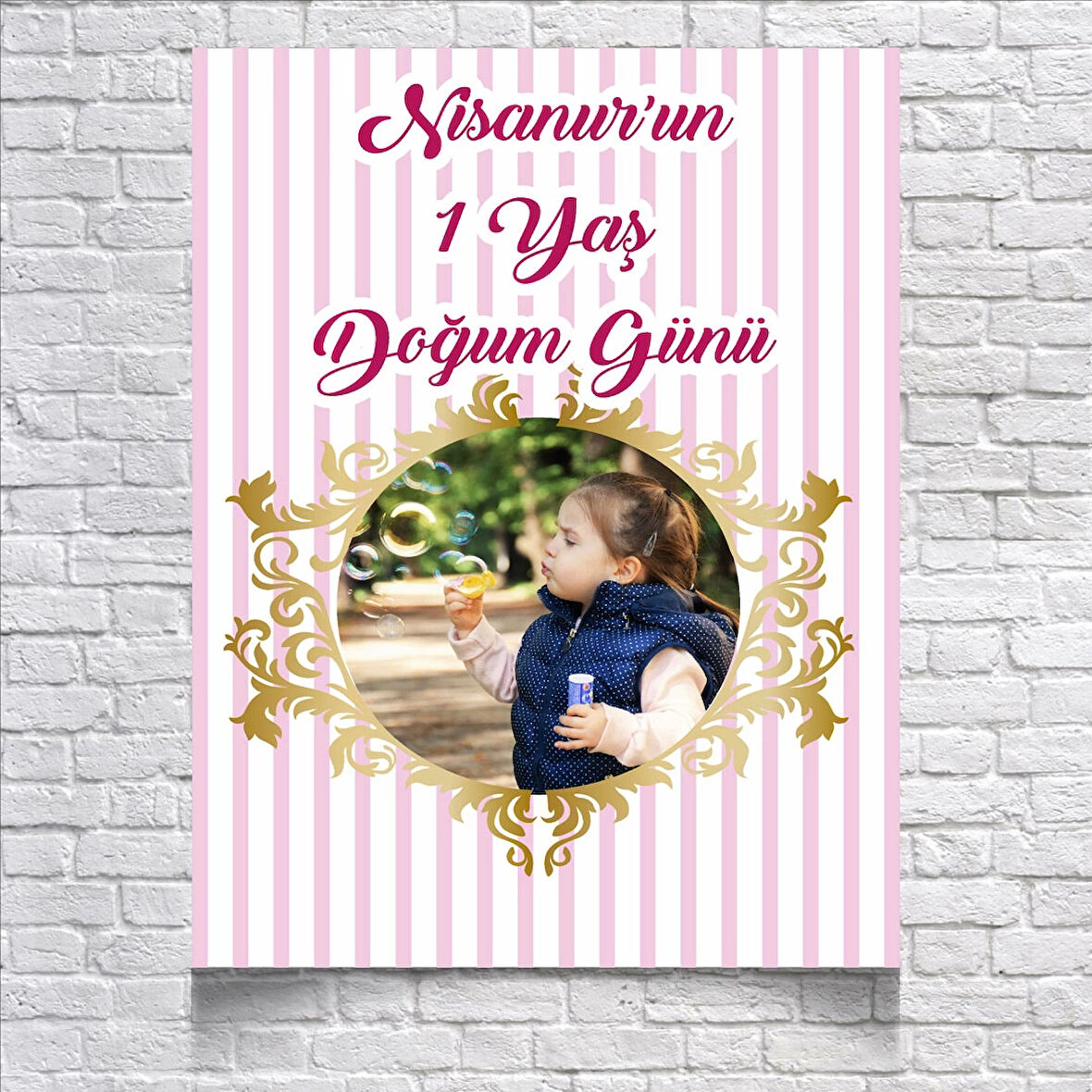 Pembe Çizgili Doğum Günü Afişi 70X100 cm