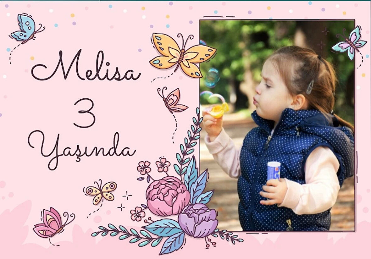 Resimli Pembe Çiçekler Temalı Doğum Günü Afişi 70X100 cm