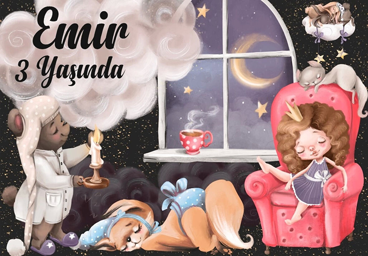 Uyuyan Hayvanlar Temalı Doğum Günü Afişi 50X70 cm