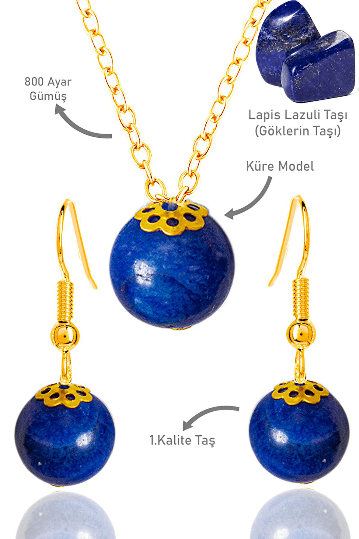 Sertifikalı Gold Küre Model Lapis Lazuli Taşı Kolye ve Küpe Seti - Gümüş Aparatlı