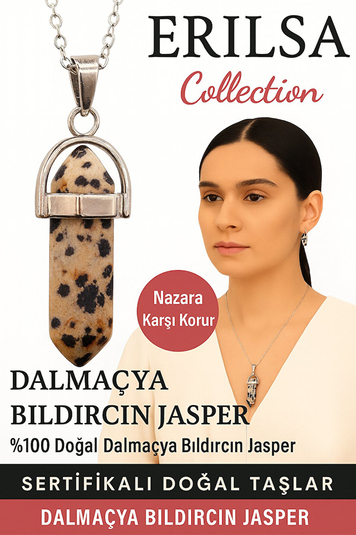 Sertifikalı Çivi Model Dalmaçya Taşı (Dalmatian Jasper) Kolye – Mutluluk Denge ve Koruma Taşı