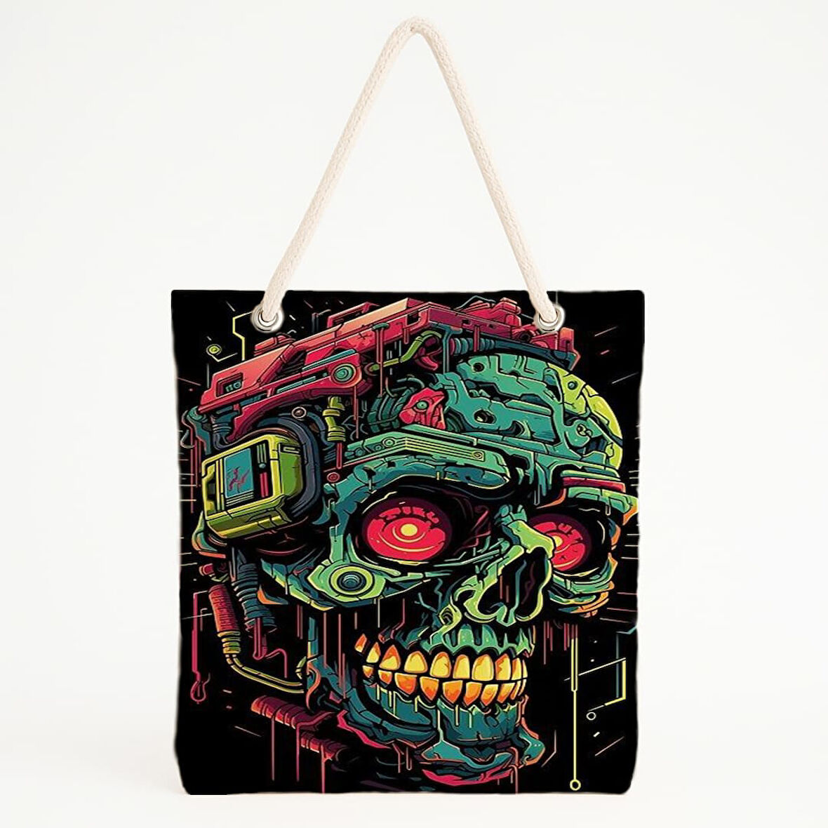 Cyberpunk Kafatası Baskılı Plaj Çantası