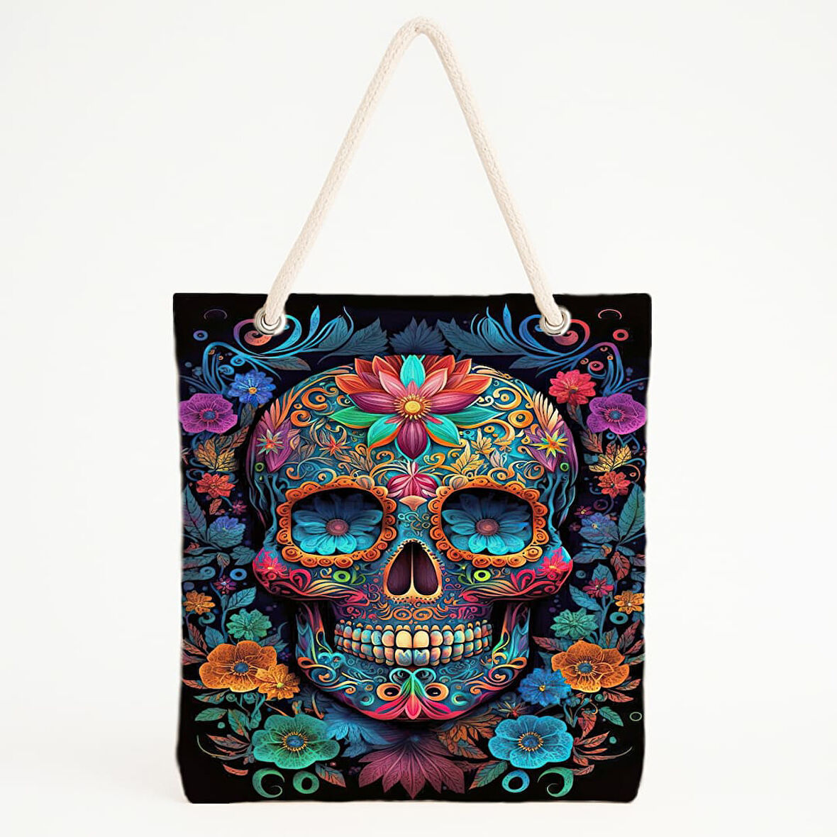 Renkli Şeker Kafatası Baskılı Plaj Çantası