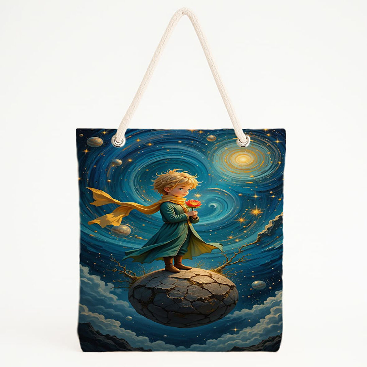 Küçük Prens ve Kozmik Gül Baskılı Plaj Çantası