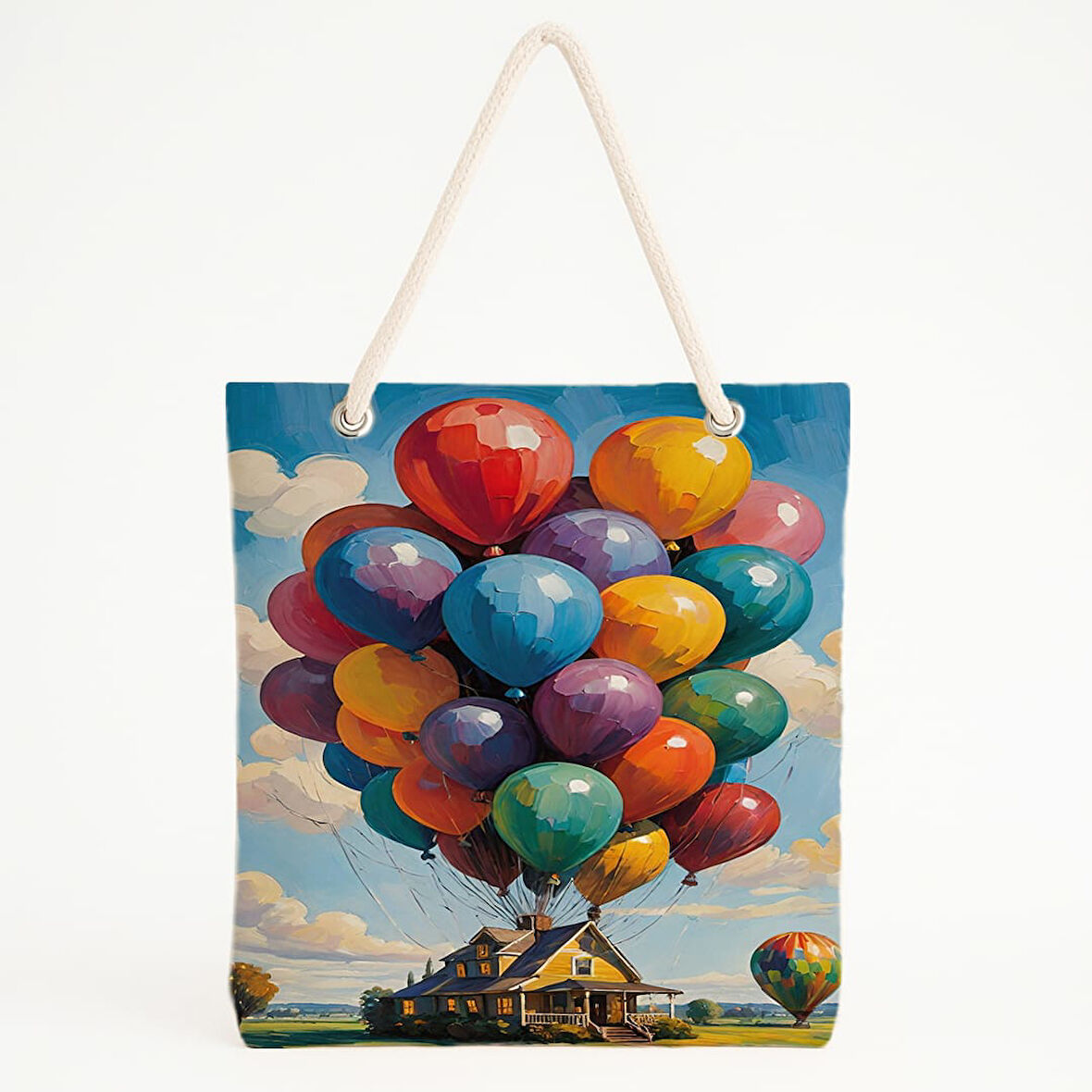 Balonlarla Uçan Ev Baskılı Plaj Çantası